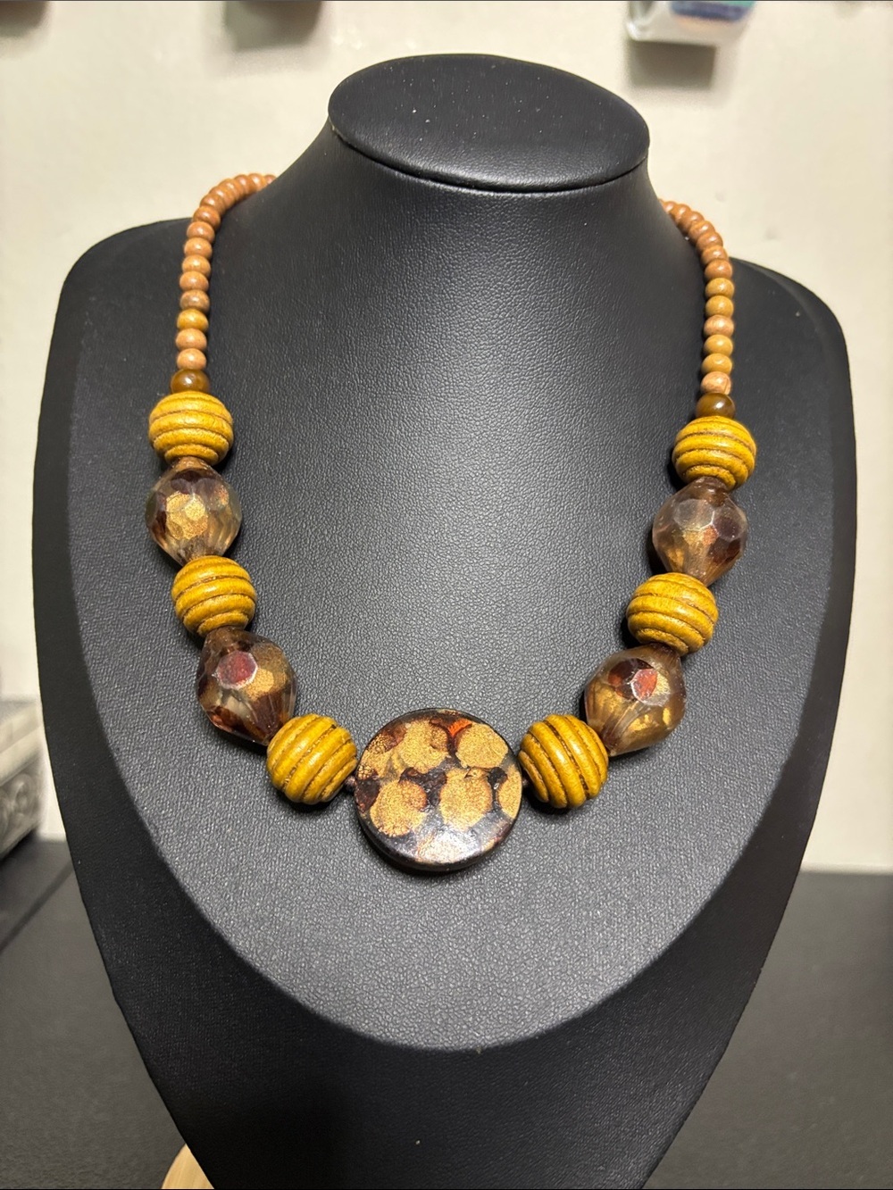 Handcrafted Wood  Brown Beaded Pattern Statement Necklace Vintage Boho